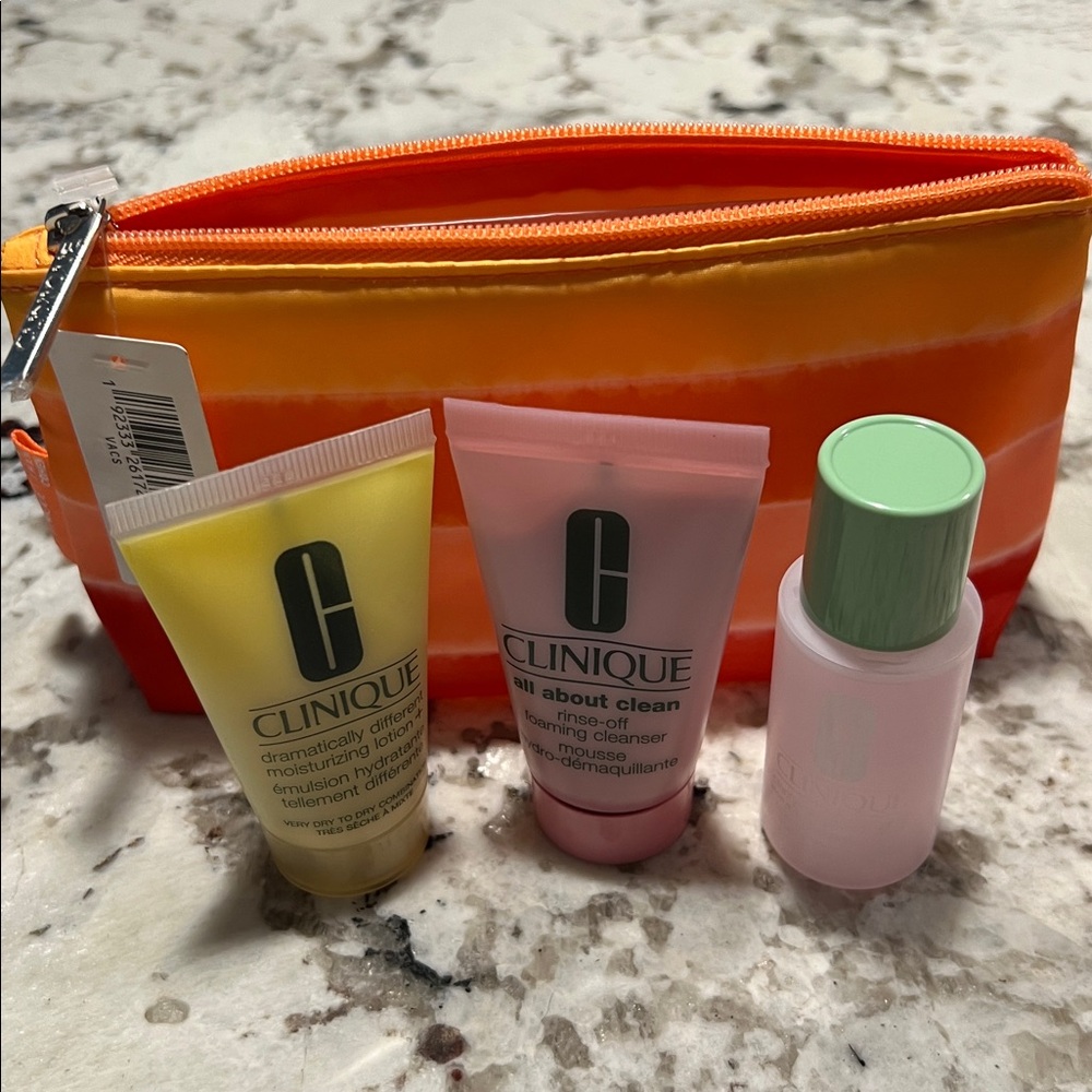 Clinique Skincare Trio with Vibrant Orange Pouch